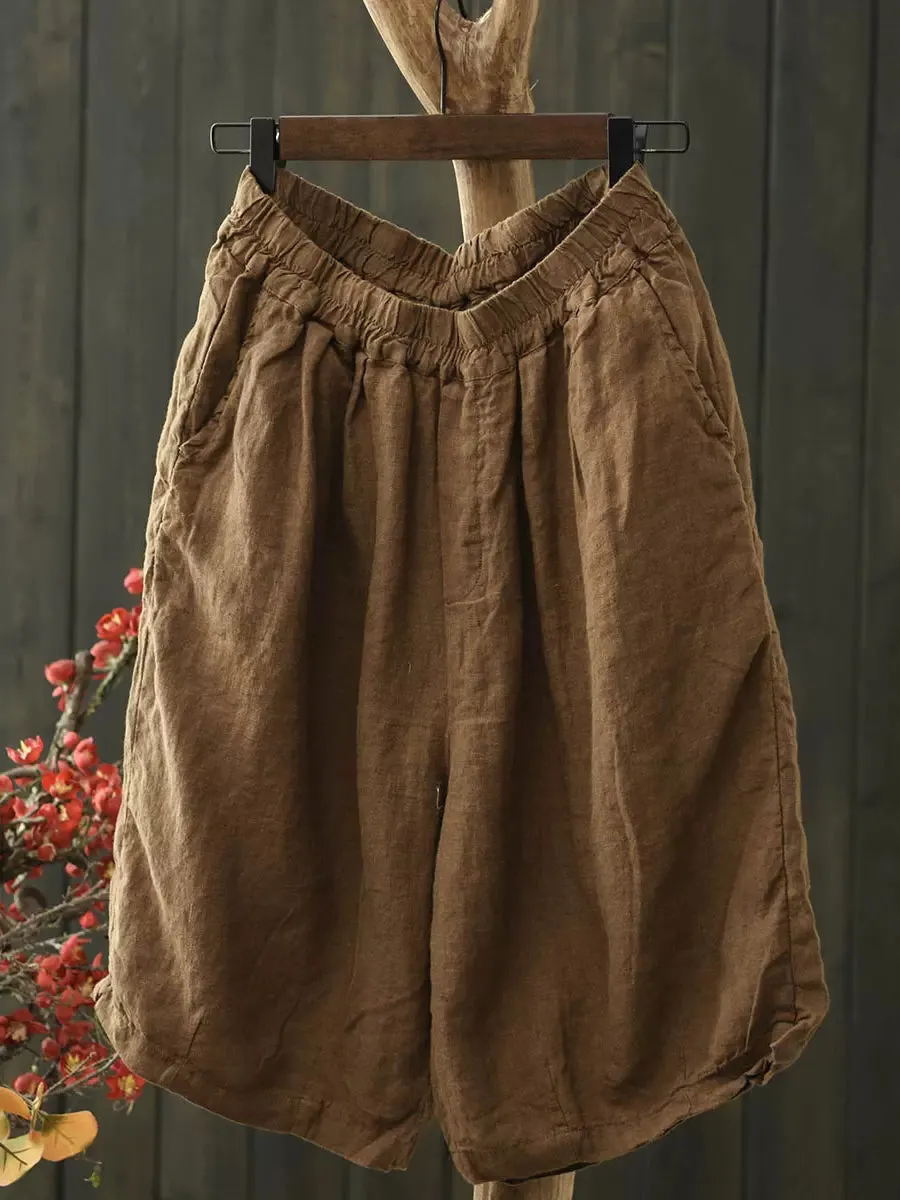 Maxct Women Summer Simple Linen Elastic-Waist Pants