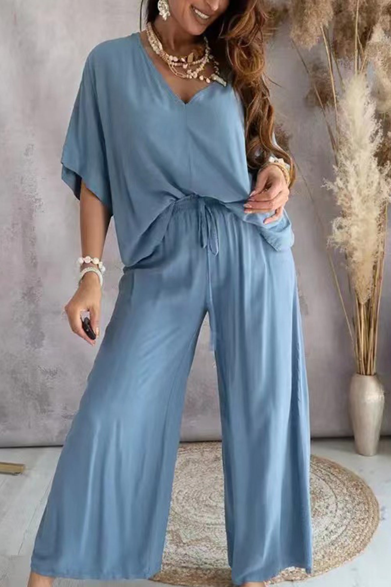 Maxct V Neck Bat Sleeve Solid Shirt Suits