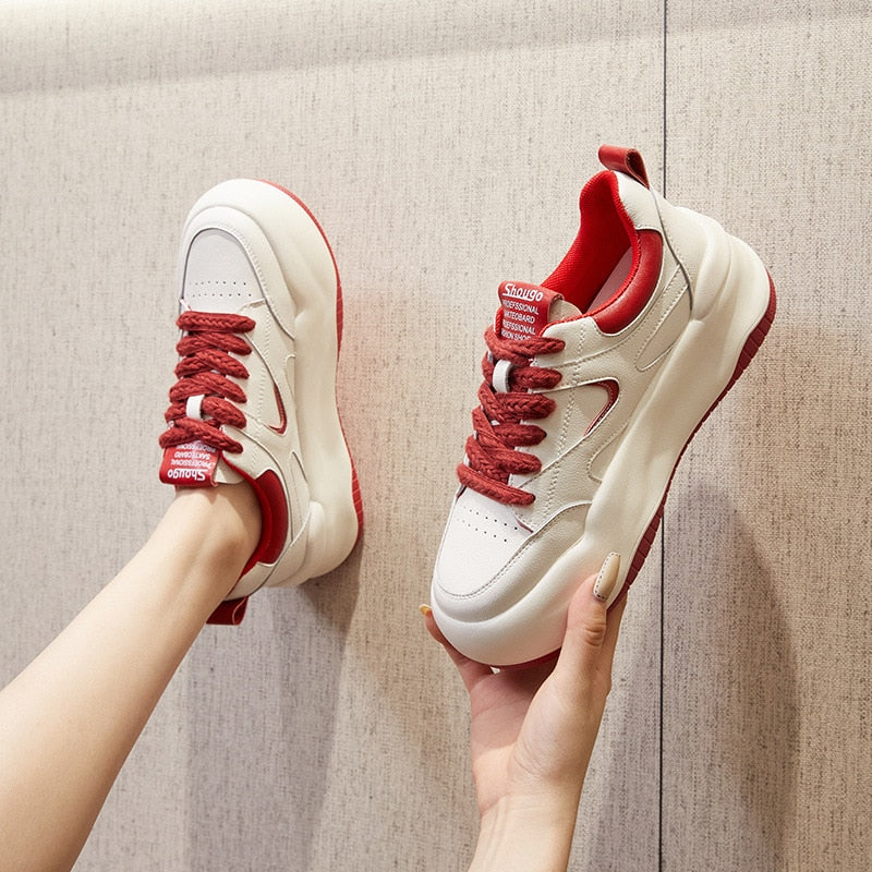 Stylish Women's White Leather Chunky Trainers with 6cm Heel Maxct