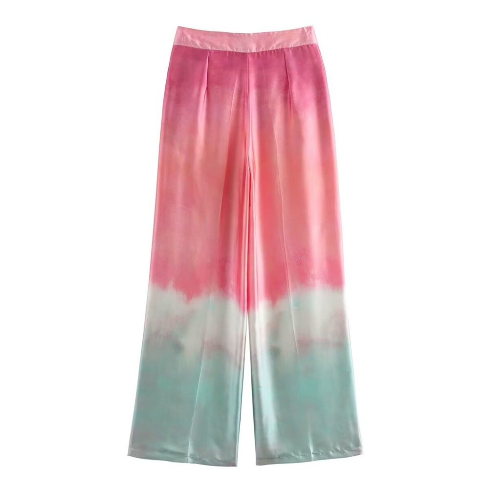 Maxct Autumn New Product Women's Fashion Silk Texture Tie Dyeing Printed Shirt High Waist Wide Leg Pants Set