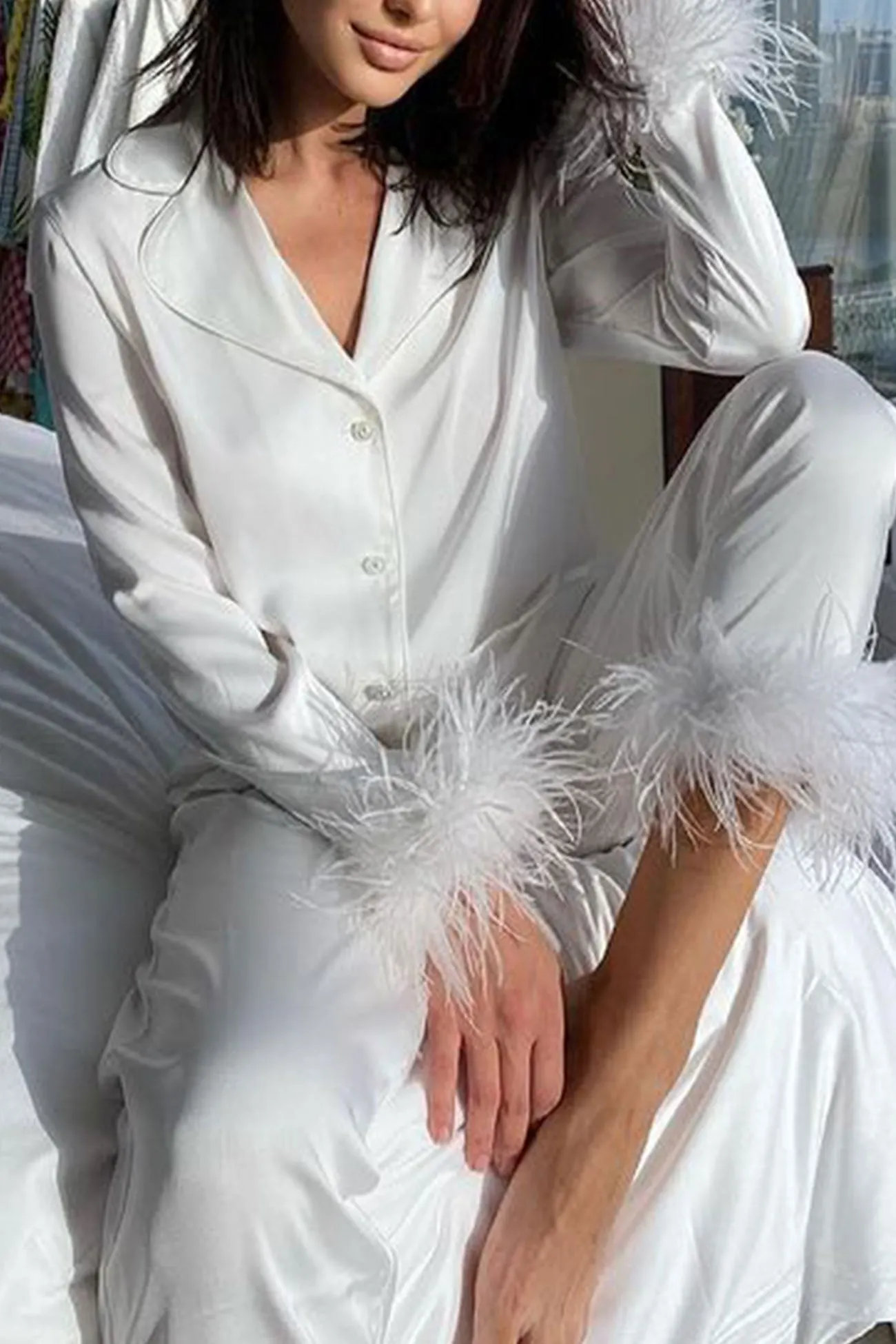 Maxct Lapel Feather Hem Two-piece Pants Set
