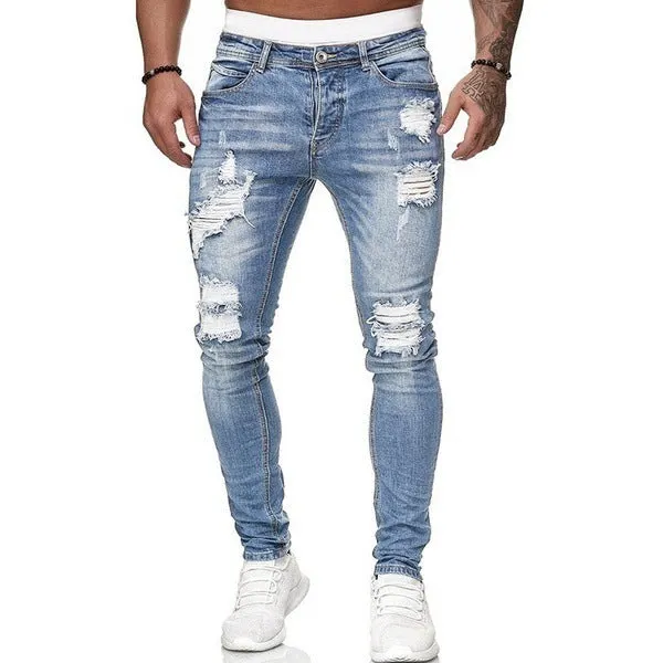 Men's Casual Ripped Skinny Jeans, Chic Street Style Stretch Denim Pants