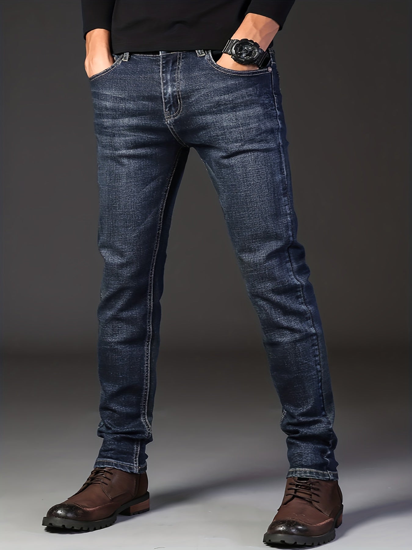Maxct  Classic Design Semi-formal Jeans, Men's Casual Stretch Denim Pants For All Seasons Business
