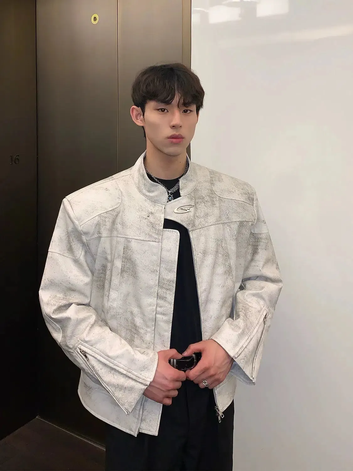 Maxct Stand Collar Leather Jacket with Shoulder Pads