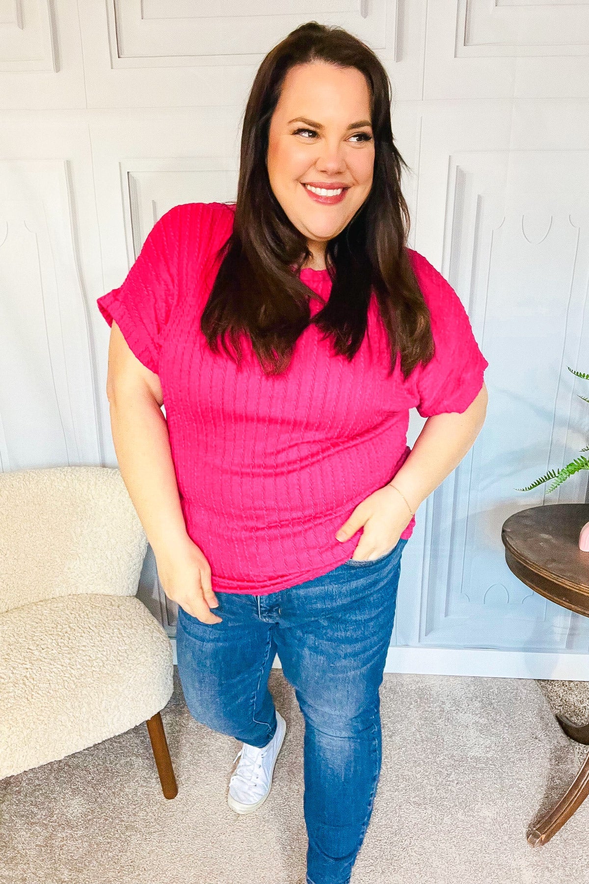 Maxct &Be Your Best Fuchsia Cable Knit Dolman Short Sleeve Sweater Top