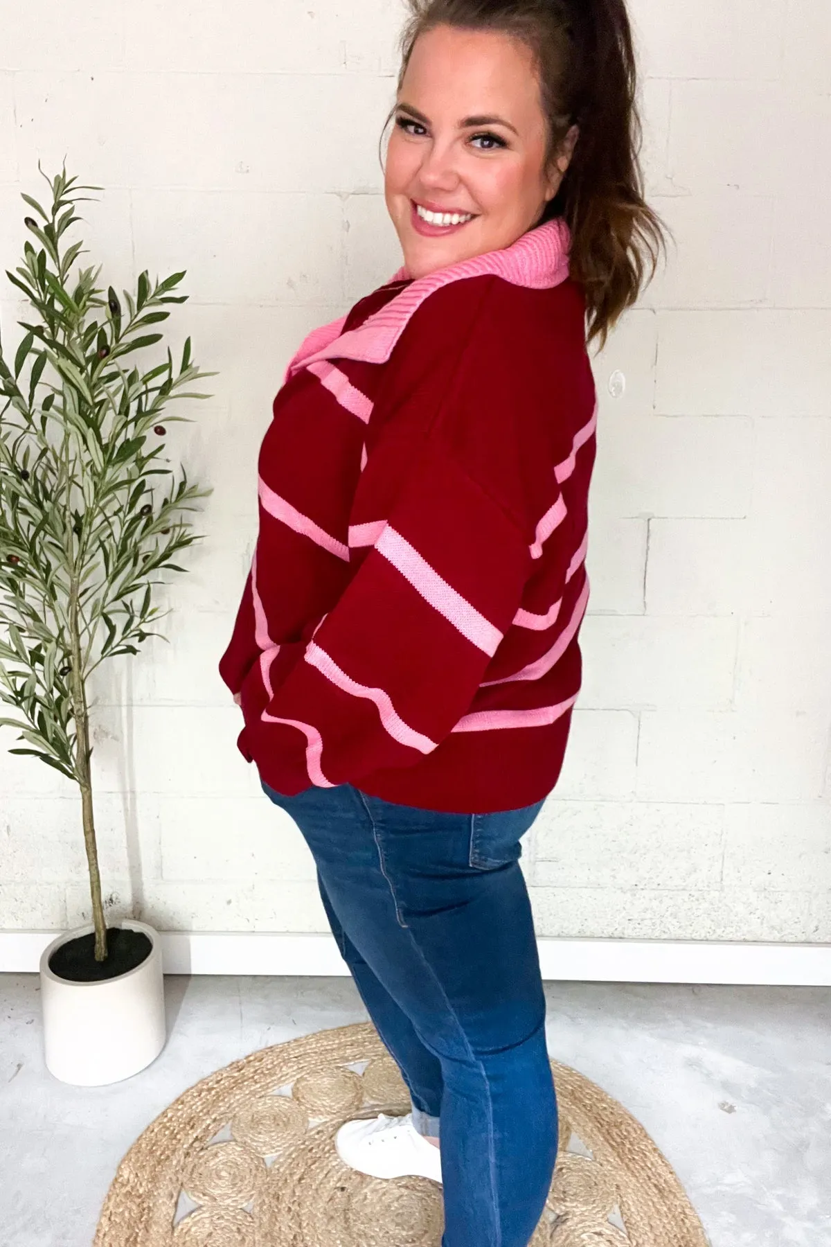 Maxct &Fall For You Crimson Stripe Notched Neck Collared Oversized Sweater