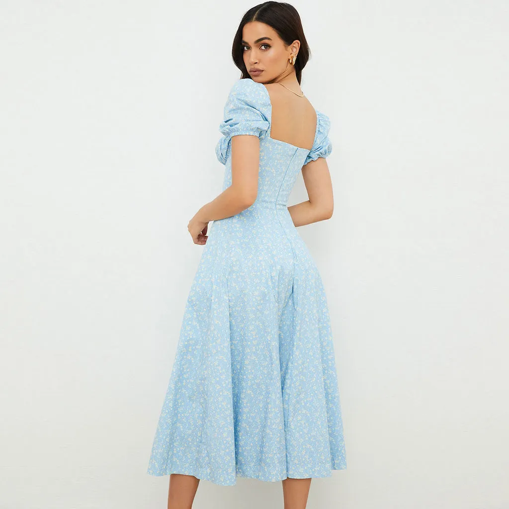 Daisy Printed Puff Sleeve High Slit Smock Maxi Sundress - Sky Blue Maxct
