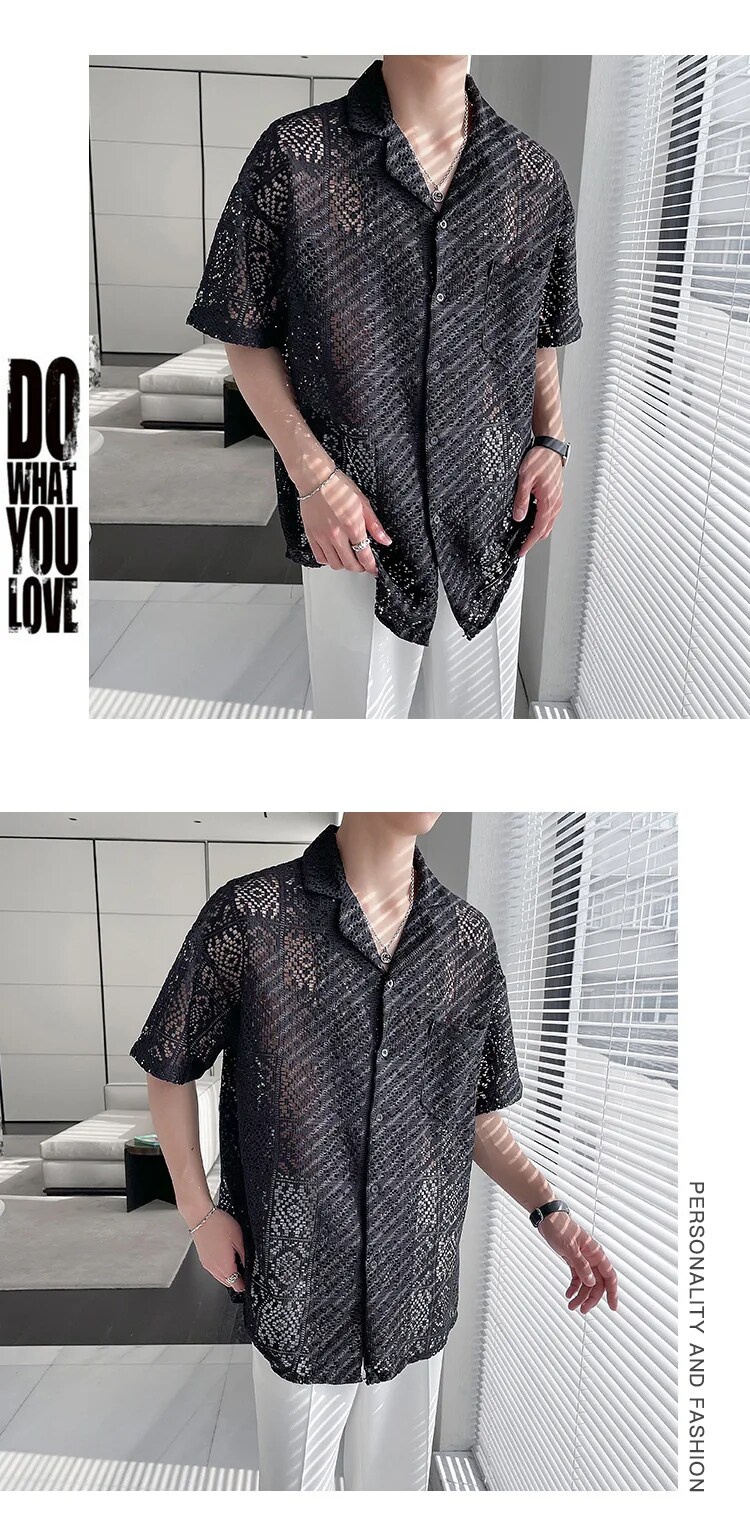 Summer New Casual Hollow Out Shirts Men Sexy See Through Breathable Shirt For Mens Fashion Solid Color Lapel Buttoned Cardigans