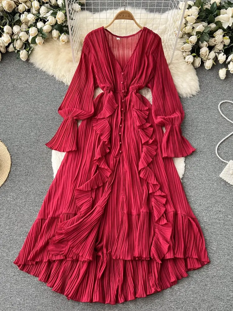 Maxct Maxct Chiffon Pleated Long Dress Women Vintage V-Neck Flare Sleeve Draped Ruffle Vestido Female Maxi Robe Spring Fall 1215-1