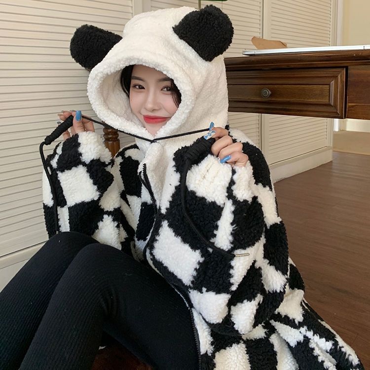 Checkered Cozy Bear Ears Zip-Up Hoodie for Women - true deals club