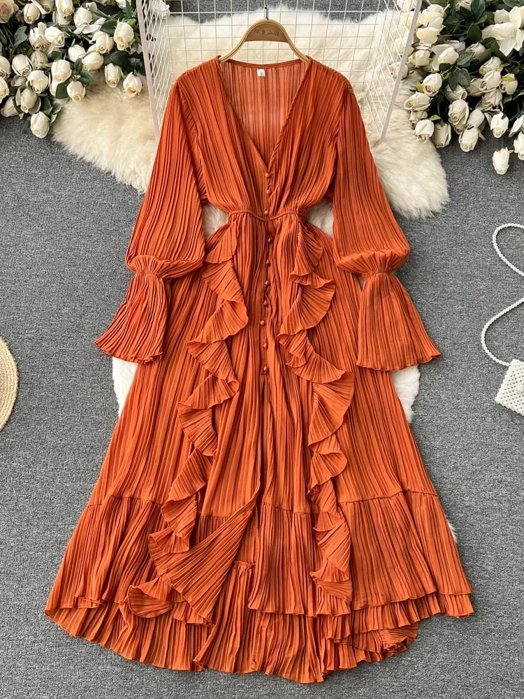 Maxct Maxct Chiffon Pleated Long Dress Women Vintage V-Neck Flare Sleeve Draped Ruffle Vestido Female Maxi Robe Spring Fall 1215-1