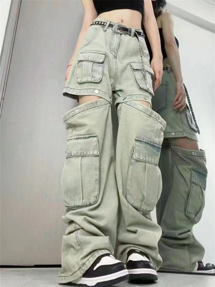 Women's Splicing Design High Waisted Jean Shorts Wide Leg Denim Pants