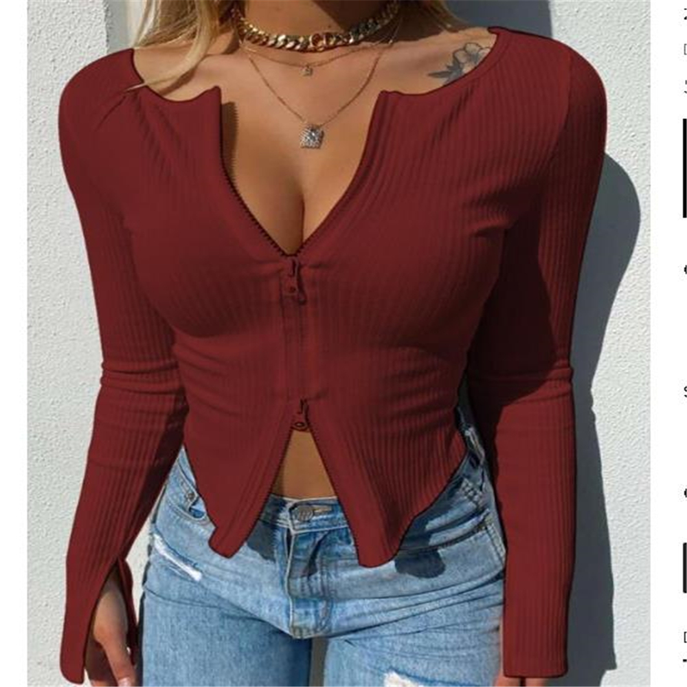Chic Women Double Zipper Up Rib Knitted T-shirt Spring Autumn Long Sleeve Slim Fit Basic Tees 90s Vintage Elegant Crop Tops