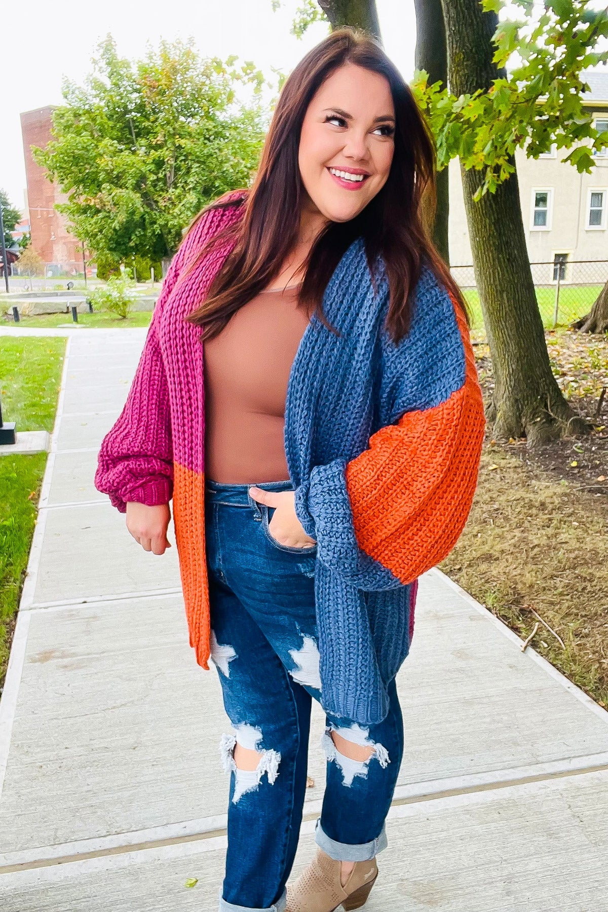 Maxct &Dazzle In Magenta & Navy Chunky Knit Color Block Cardigan