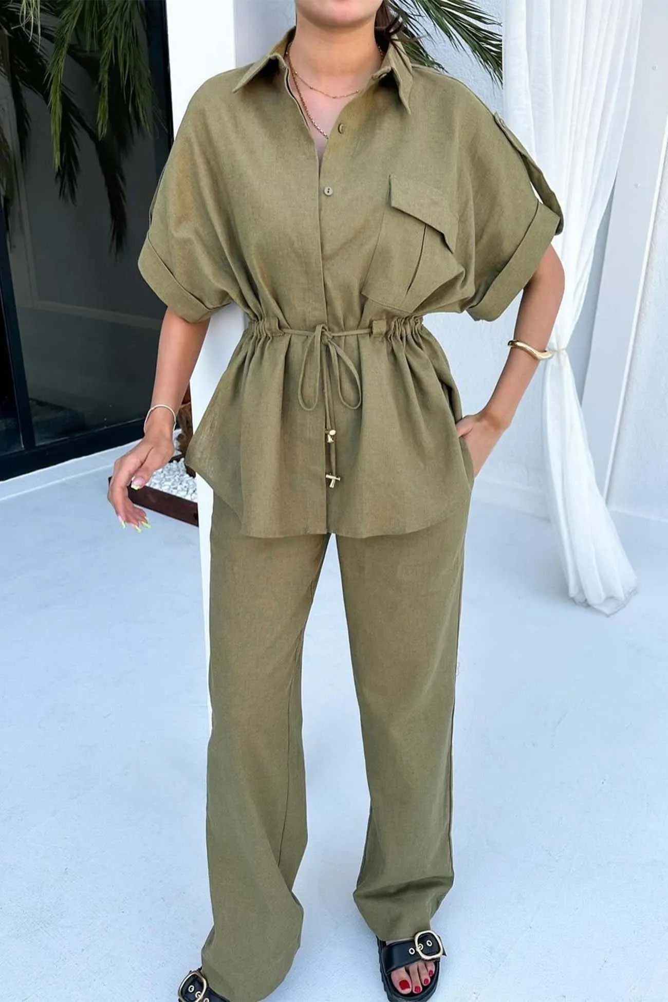 Maxct Half Sleeve Drawstring Shirt Long Pants Two-Piece Set