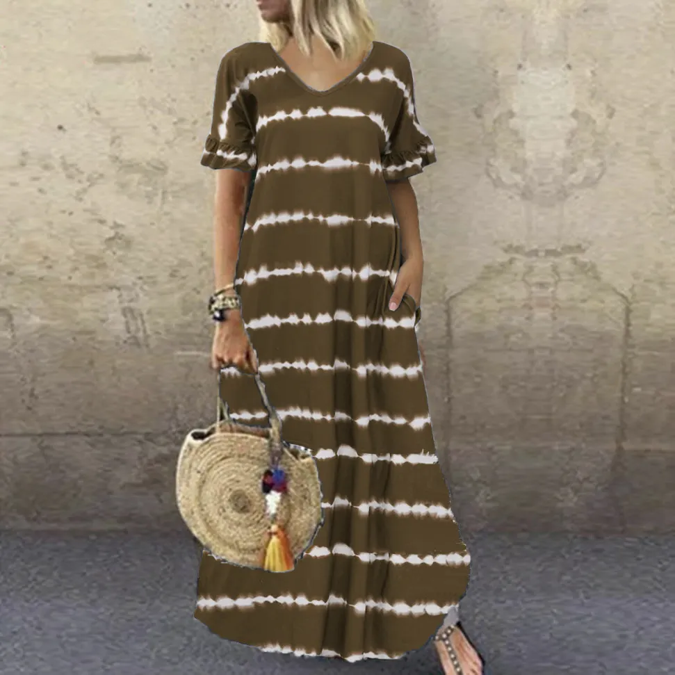 Maxct Maxct Summer Dress Wishv-Neck Lotus Sleeve Striped Print Dress Plus Size Casual Dress