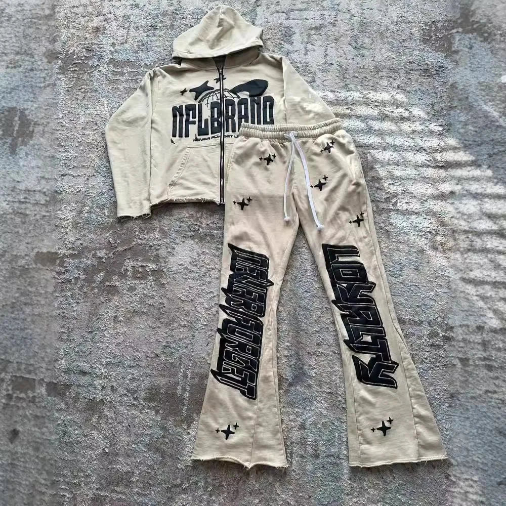Maxct y2k long sleeved pullover hoodie pant set sweatshirt jacket personalized printed pattern streetwear school outfit hip-hop punk