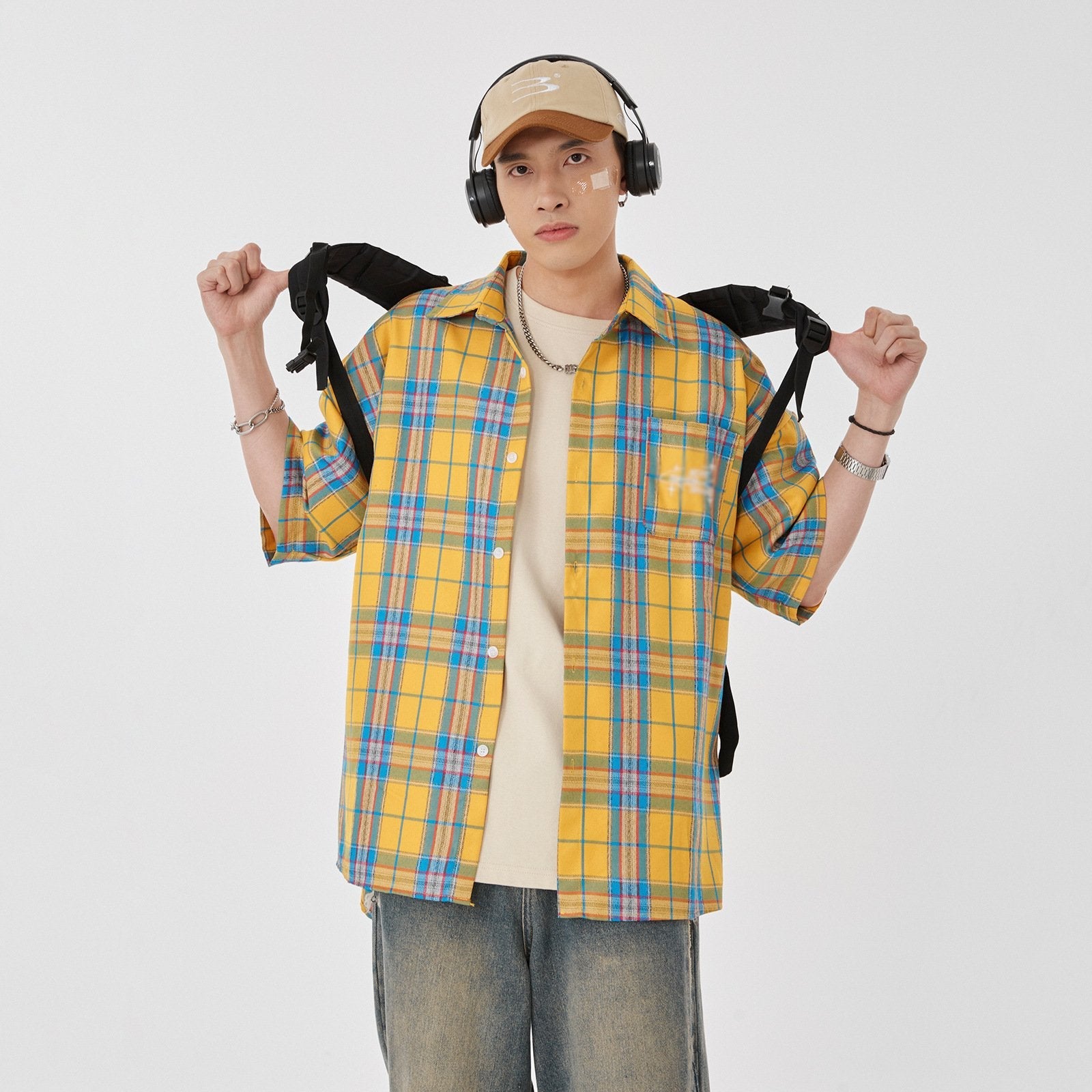 Maxct 90s Streetwear Fashion Retro Contrast Color Plaid Shirt Women's Summer New Letter Embroidered Design Casual Half Sleeve Coat Top