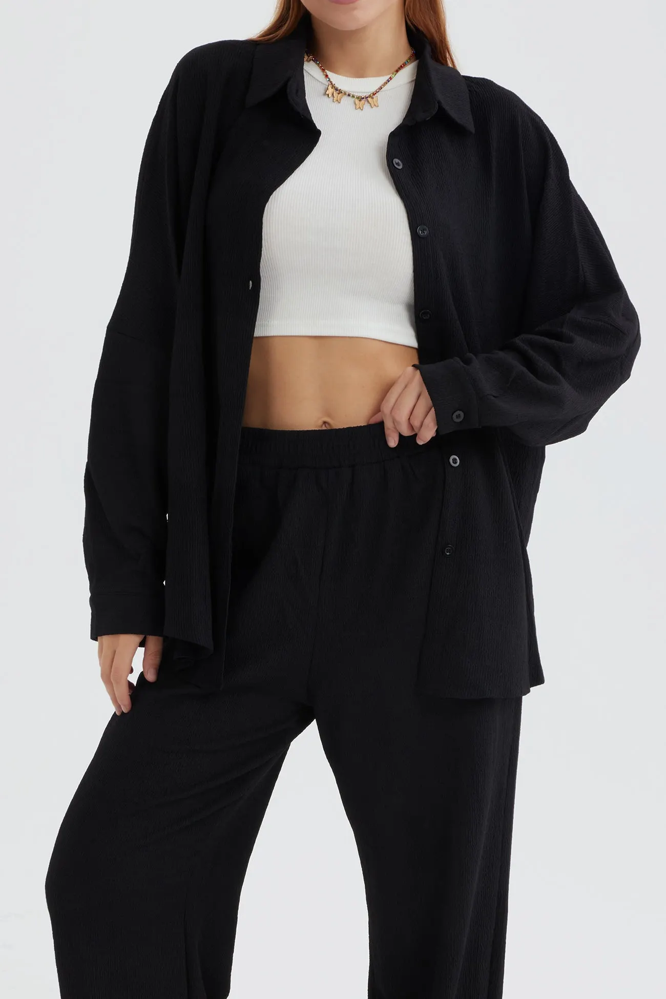 Maxct Two Piece Solid Color Long Sleeve Shirt Long Pants Set