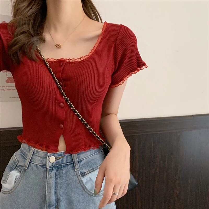 Maxct Women Patched Lace O-Neck Knitted Short Sleeve Thin Sweaters Cardigans Lady Single-breasted Buttons Sweater Crop Tops Female