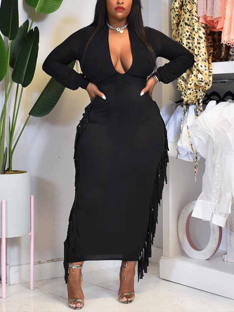 Deep V-neck Tassels Maxi Dress Maxct