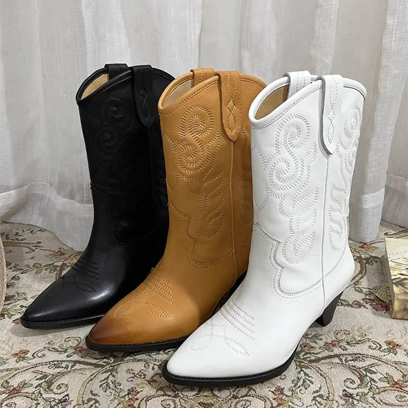 Womens Embroidered Western Boots Block Heel Short Boots All Genuine Leather Maxct