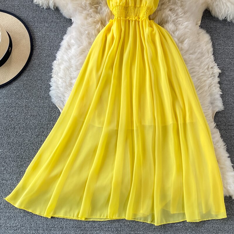 Chiffon Dress Women Sexy Slash Neck Ruffle Robe Elegant Ruffle High Waist Vestidos Female Beach Vacation New