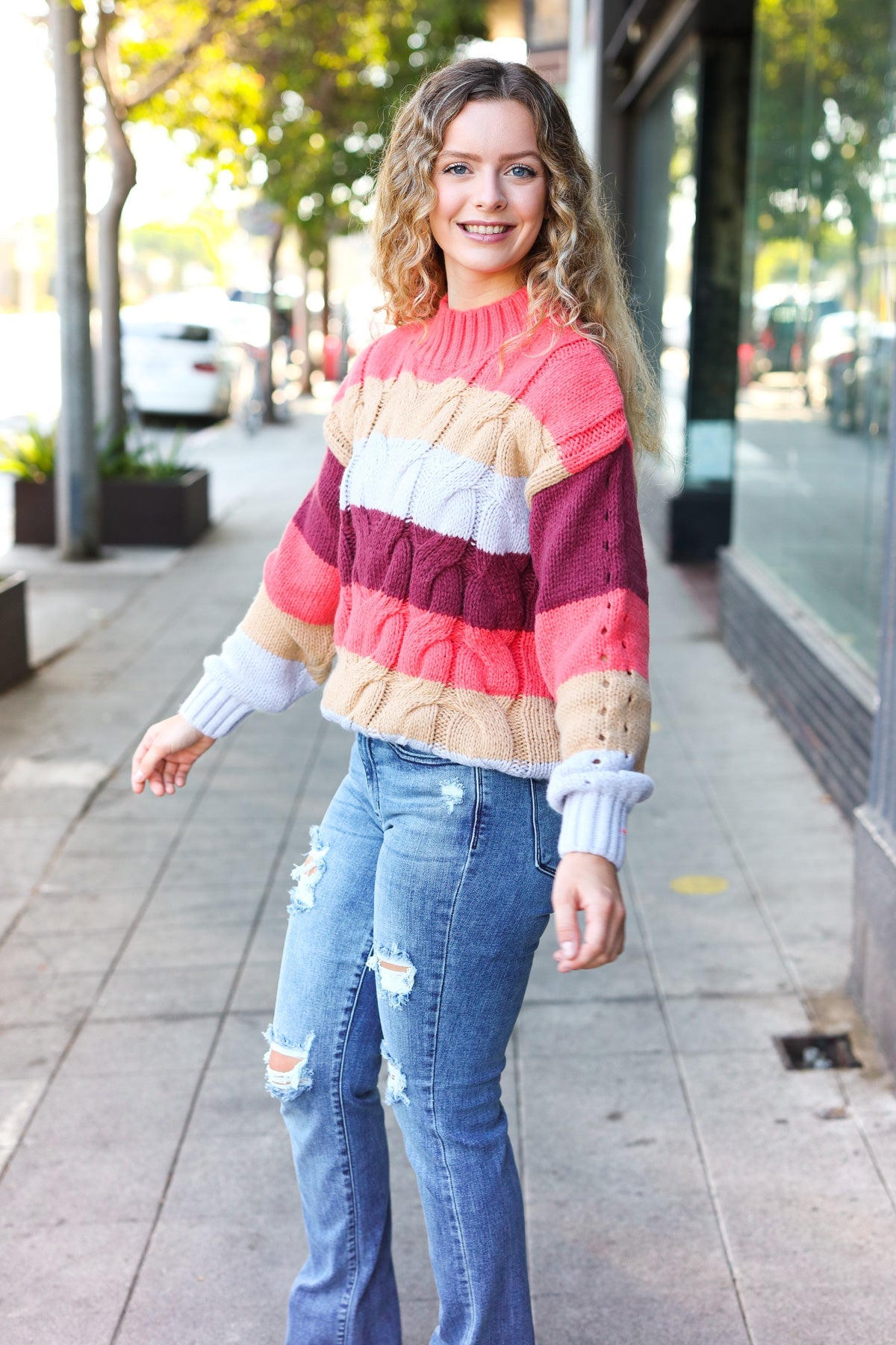Maxct &Fall For You Rust Multicolor Stripe Cable Knit Mock Neck Sweater