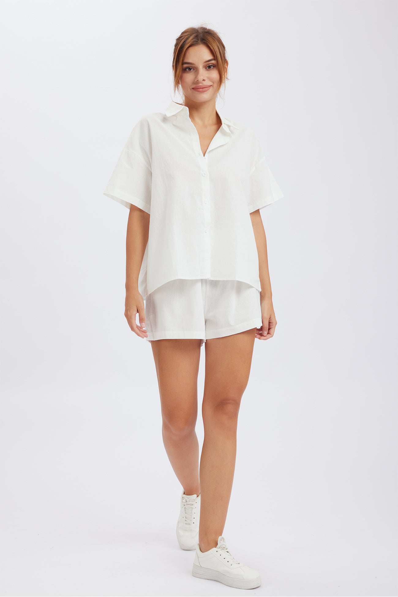 Maxct Solid Button Through Drop Shoulder Shirt Shorts Set
