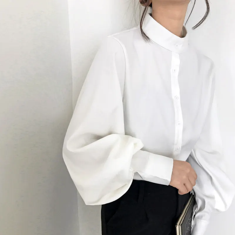 Maxct Lantern Sleeve Blouse Women Spring Fashion Single Breasted Stand Collar Shirts Female Office Work Blouse Solid White Tops