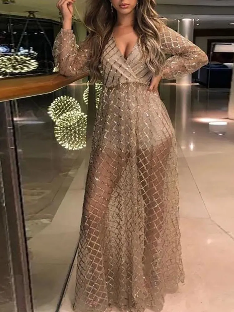 Sequins Mesh V Neck Maxi Dress Maxct