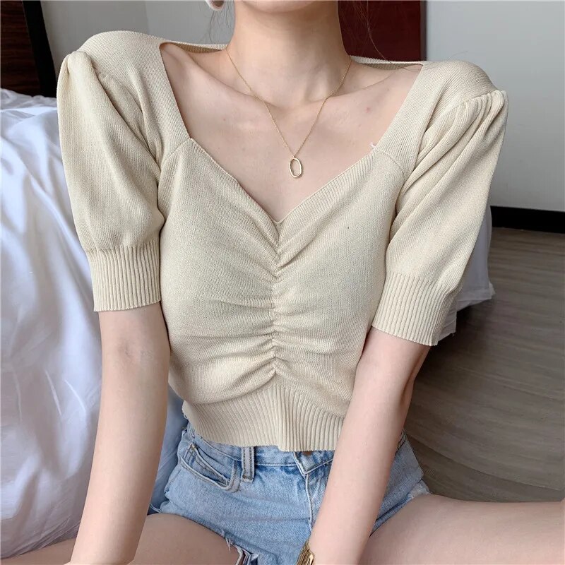 Maxct Puff Short Sleeve V-neck Knitted T-shirts Girls Solid Stretchy Crop Tops Thin Knitwear For Women