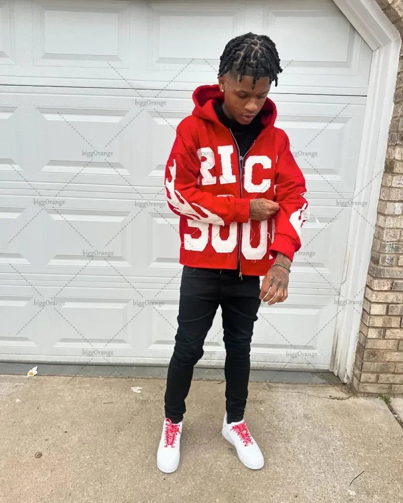 Maxct 90s Streetwear Colorful Letter Embroidered Sweatshirt European and American Trendy Brand Punk Oversized Hoodie Men Hip-hop Street Casual Jacket