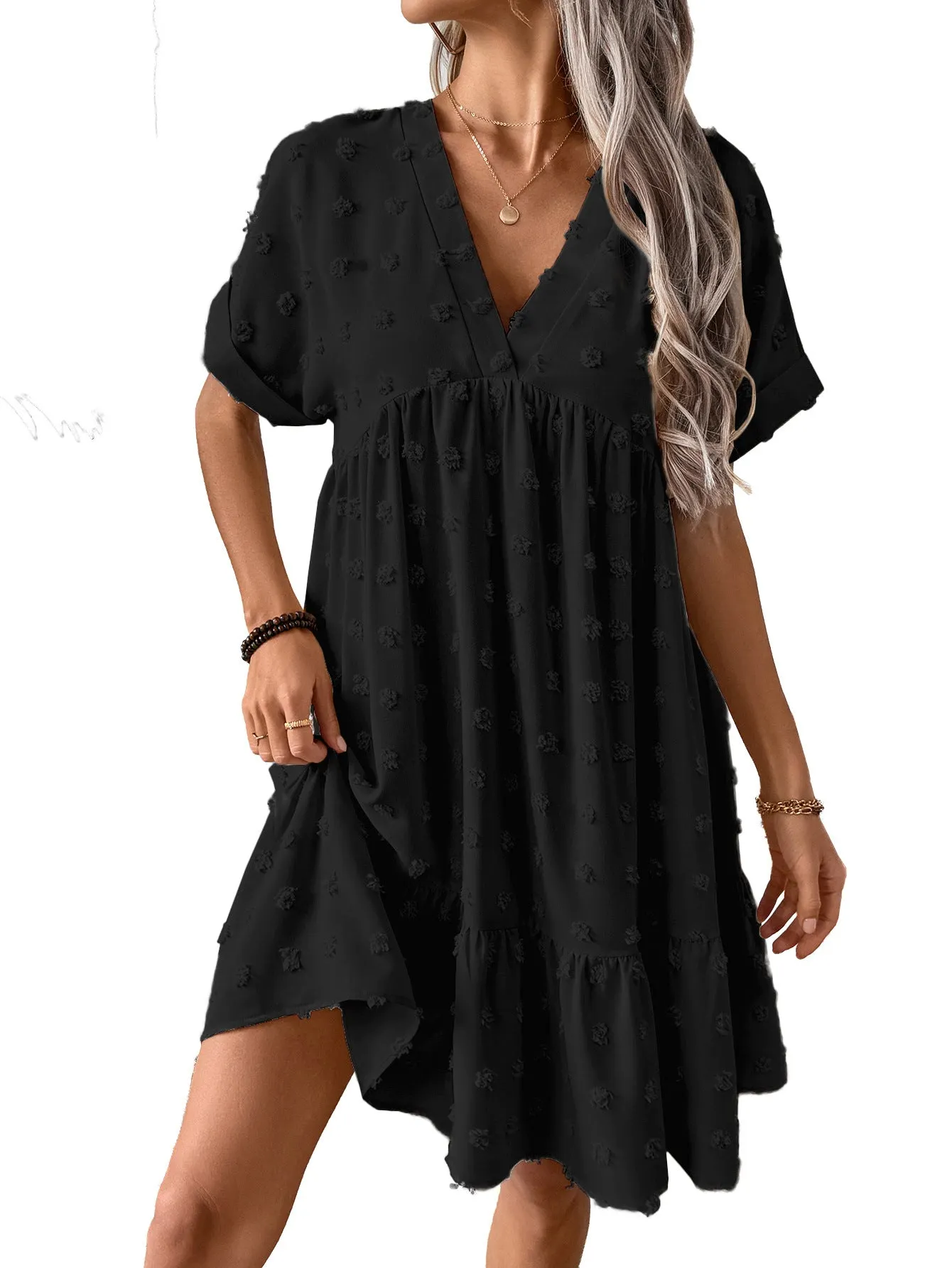 Casual V-Neck Solid Color Loose Roll-Up Sleeve Ruffled Dress