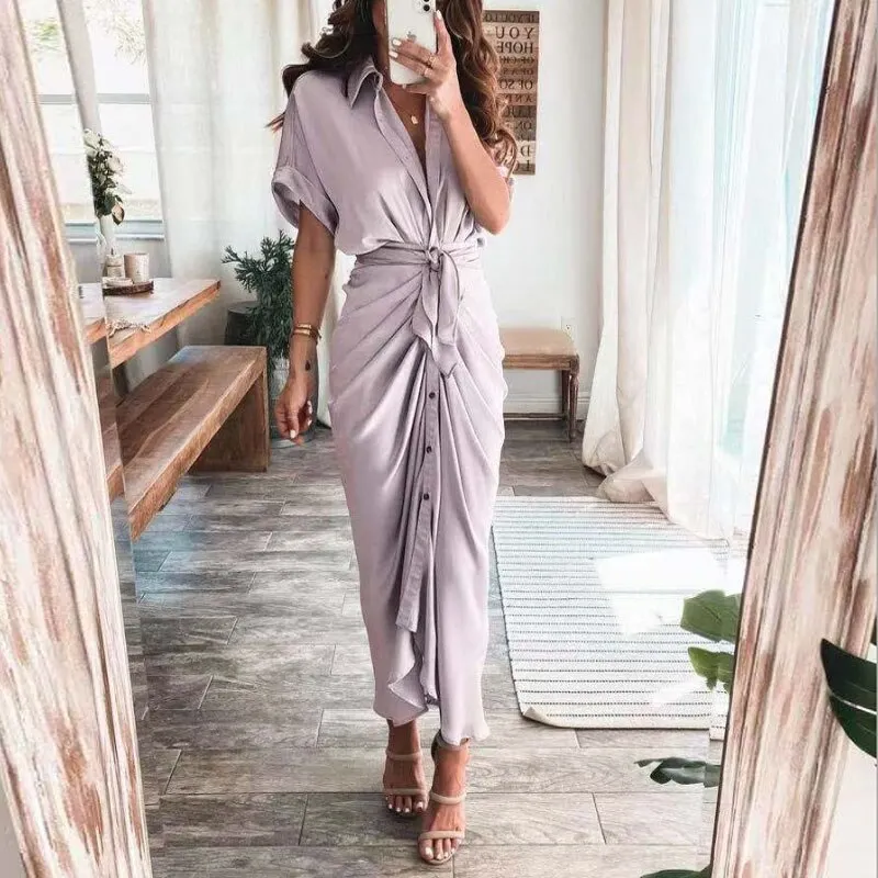 Maxct Short Sleeve Spring Dresses Fashion Summer Turn-down Collar Women Party Dress Elegant Button Office Lady Shirt Dress
