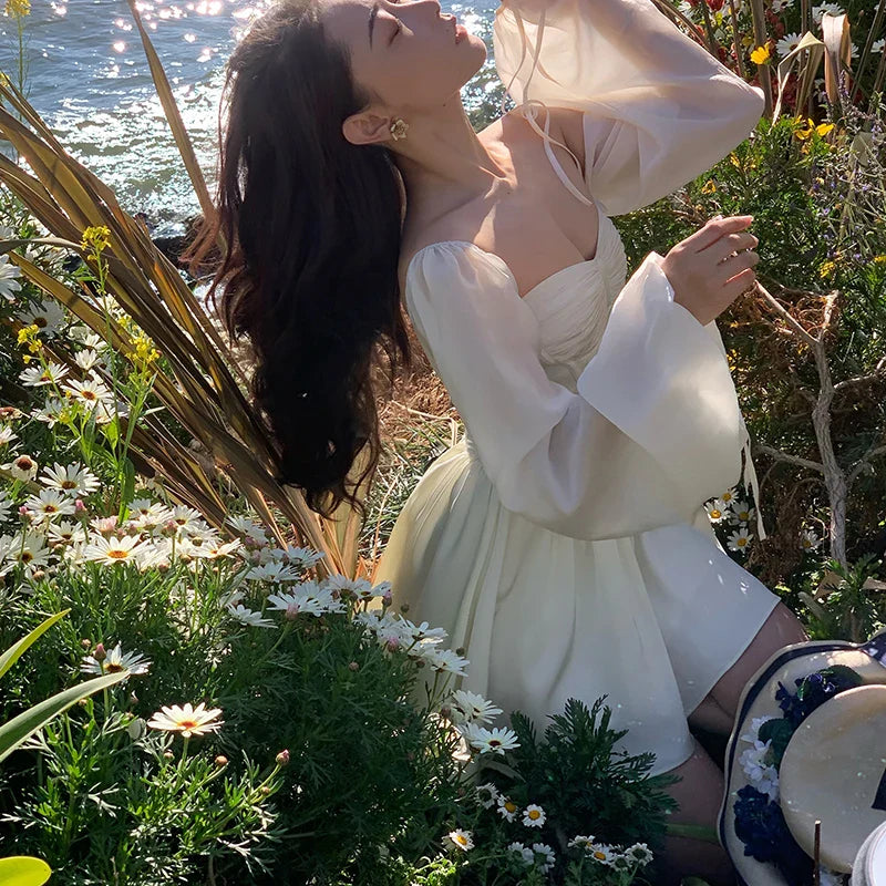 Voguable White Bubble Sleeve Dress Niche Design Pure Princess Skirt Girl Elegantes Party Prom Vintage Evening Y2k Maxct