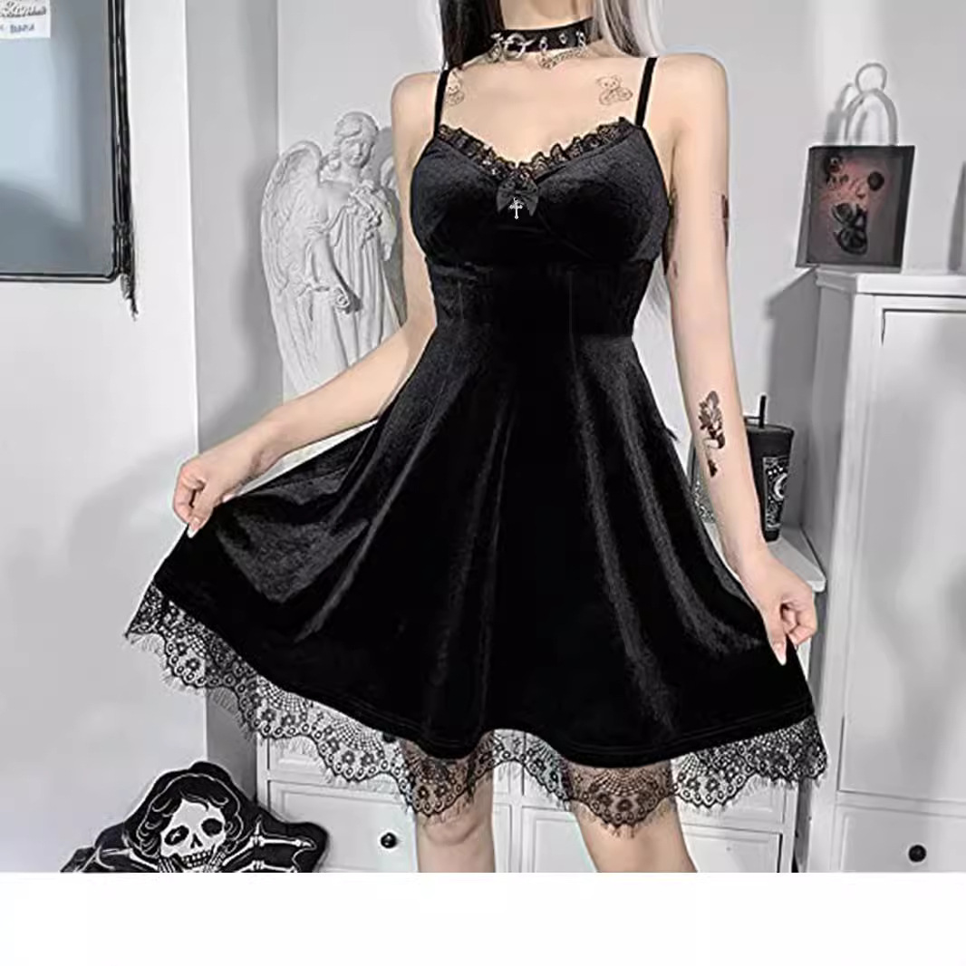 Maxct cybergoth dress to impress Lolita Dark Girl Gothic Style Lace Low-Cut Strap Sexy Dress