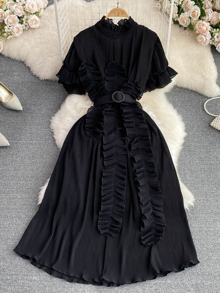 Women's Pleated Midi Dress Purple/Red/White Stand Collar Short Flare Sleeve High Waist A-Line Ruffle Party Vestidos Female