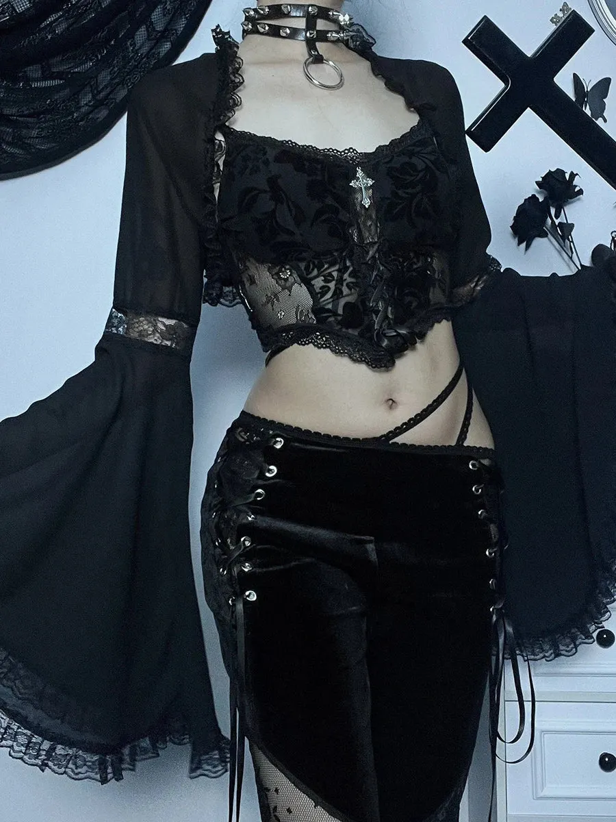 Maxct Women's Gothic Tops Dark Lace Lace Flared Sleeve Blouse Tops Street Sexy Slim Gauze Jacket