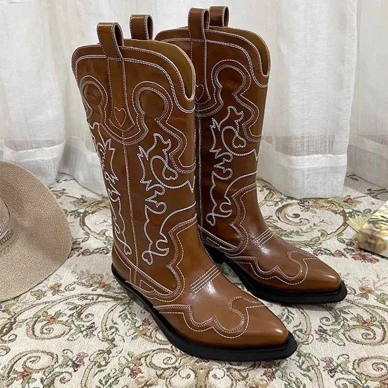 Womens Contrasting Embroidery Western Boots Mid Calf Cowboy Boots Maxct