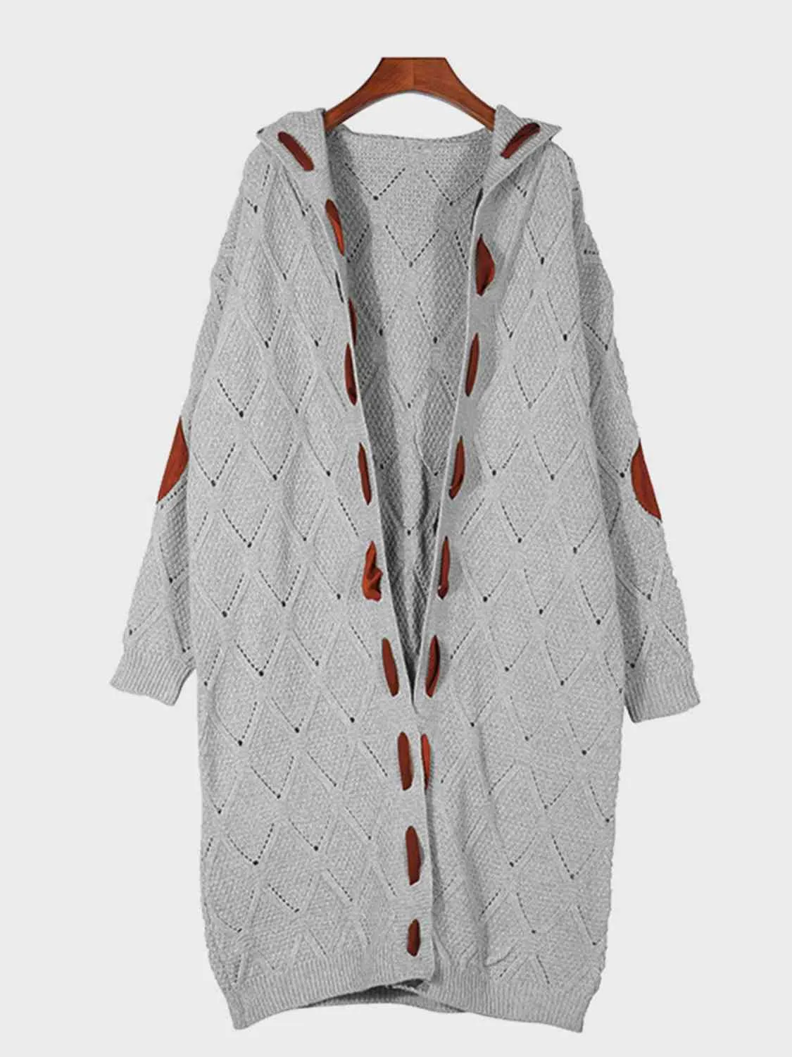 Maxct &Openwork Long Sleeve Open Front Hooded Cardigan