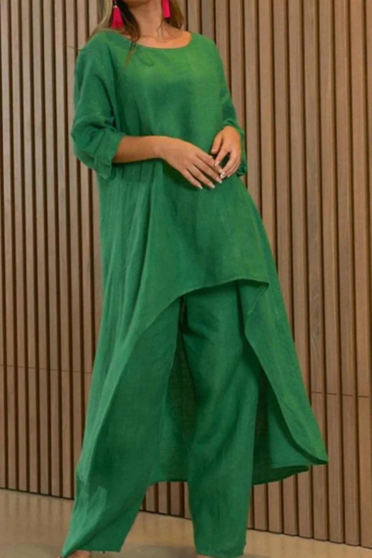 Maxct Cotton Drop Shoulder Irregular Tops Pants Set
