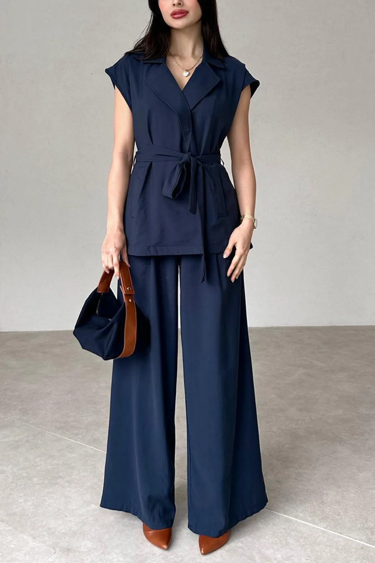 Maxct Cap Sleeve Tie-waist Suit Pants Set
