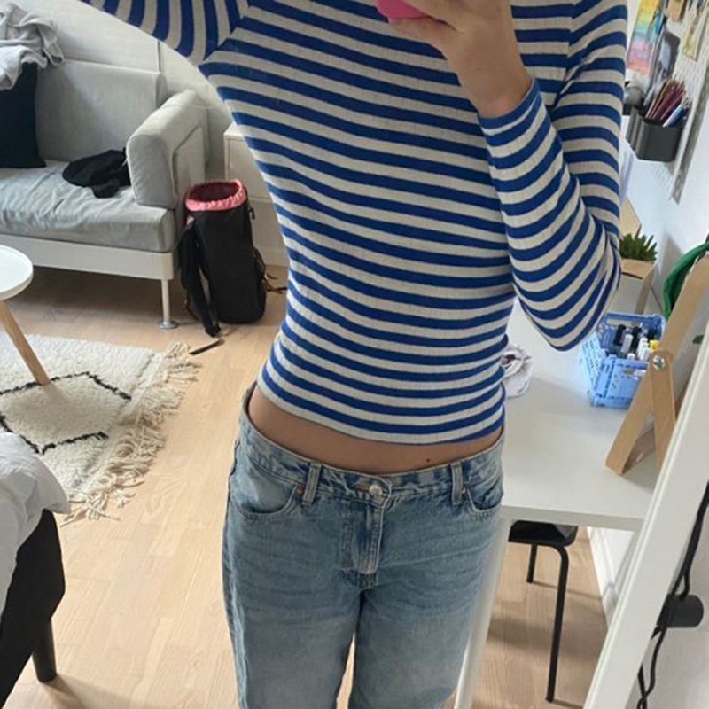 Vintage Preppy Style Y2K Crop Tops Clothes Cottage Striped Rib Knitted T-shirt Women Long Sleeve Casual Basic Tees Pullovers