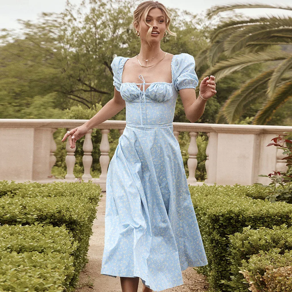 Daisy Printed Puff Sleeve High Slit Smock Maxi Sundress - Sky Blue Maxct