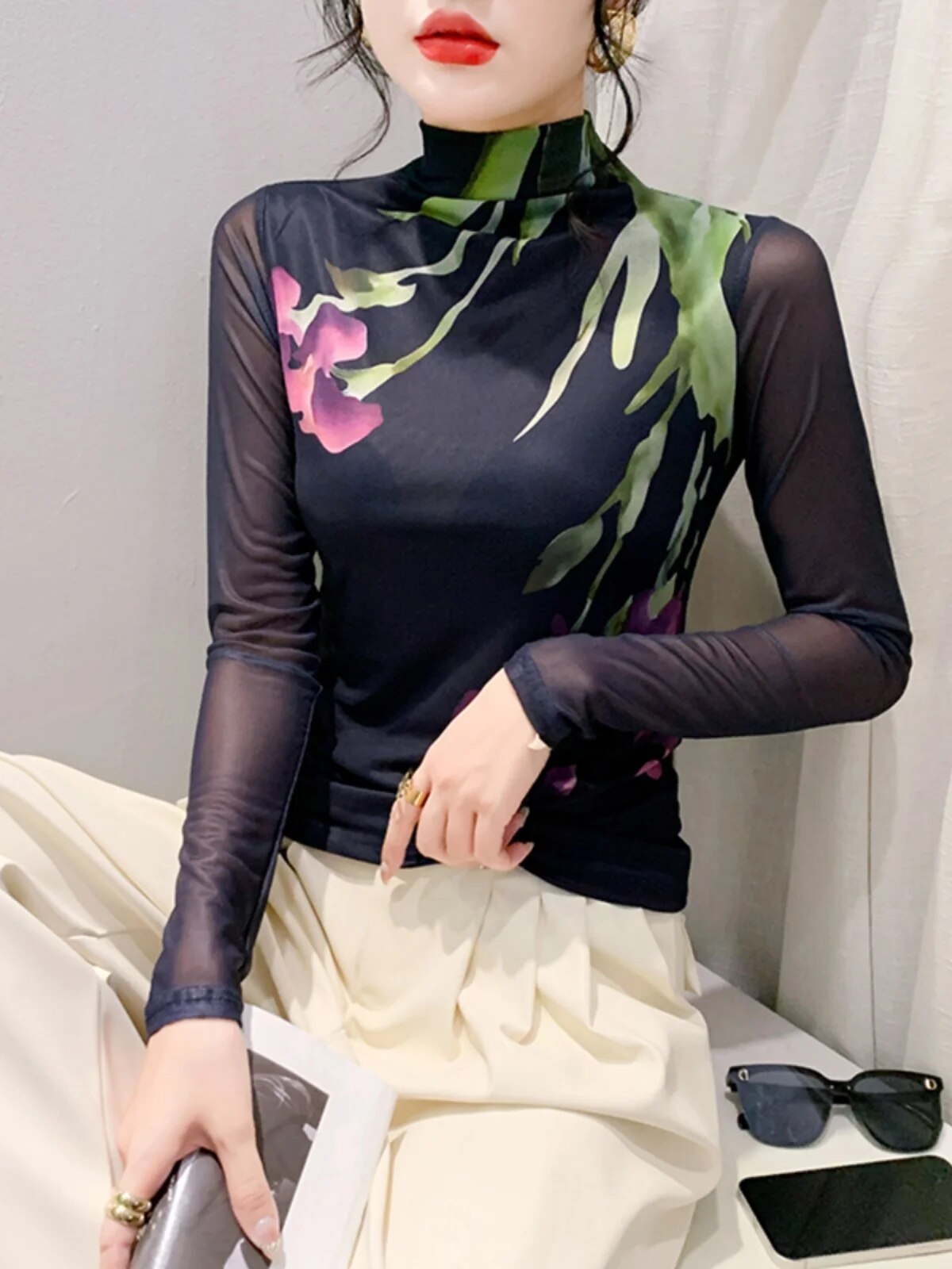 Maxct Printed Positioning Flower Double-Layer Mesh T-shirt Women Stretch Slim Full Sleeve Tees Tops HF8772