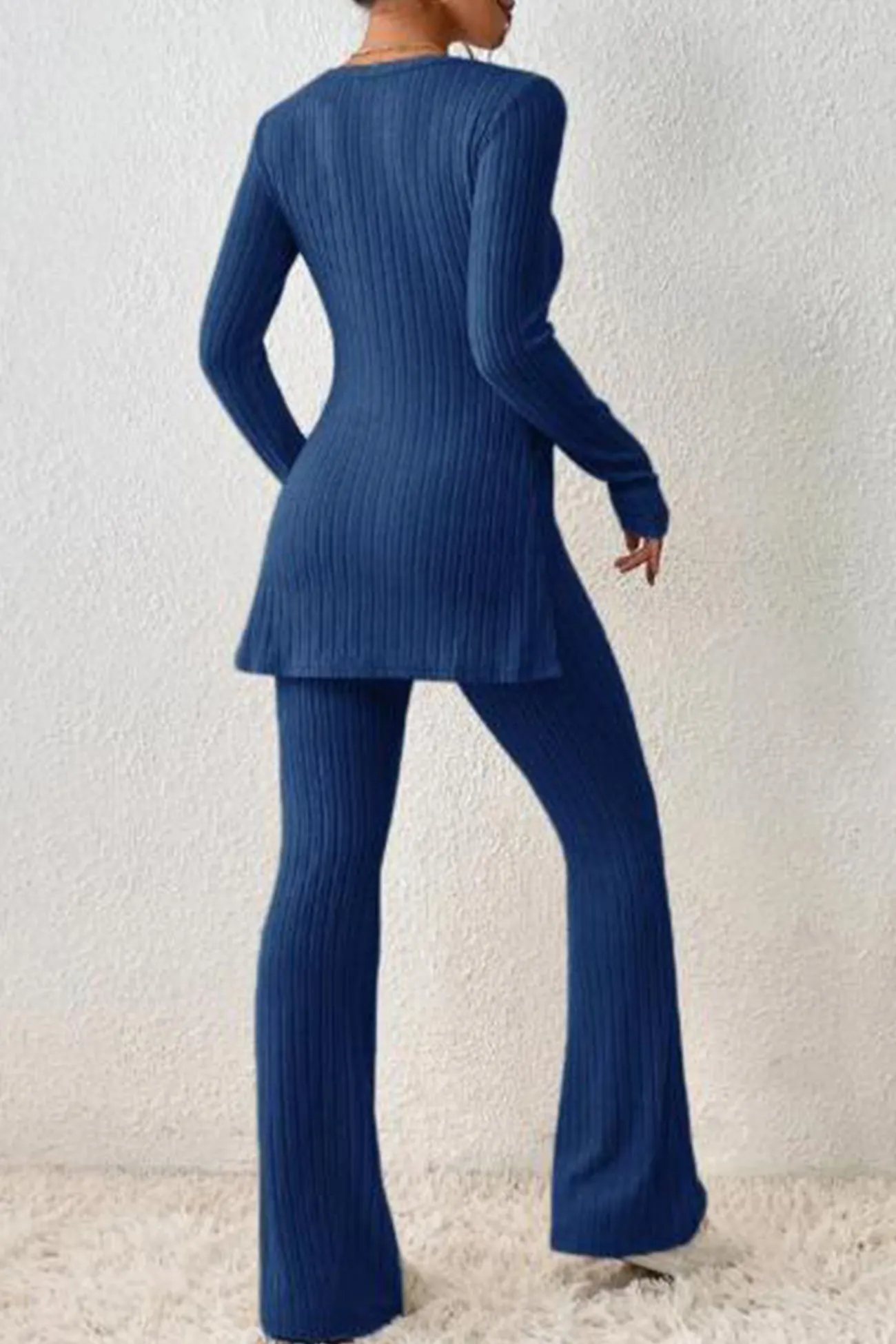 Maxct Ribbed Knit Slit Hem Tops Flares Long Pants Set