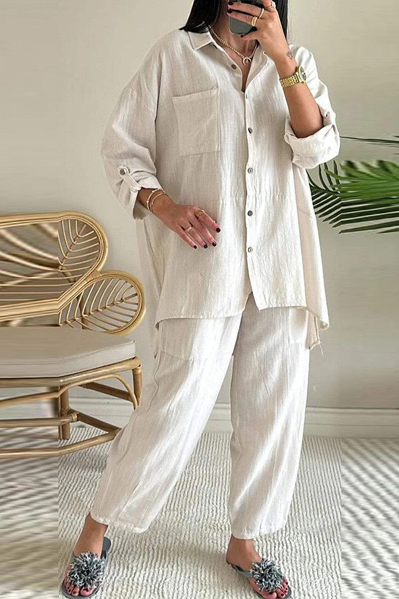 Maxct Irregular Hem Button Cuff Blouse Pants Set