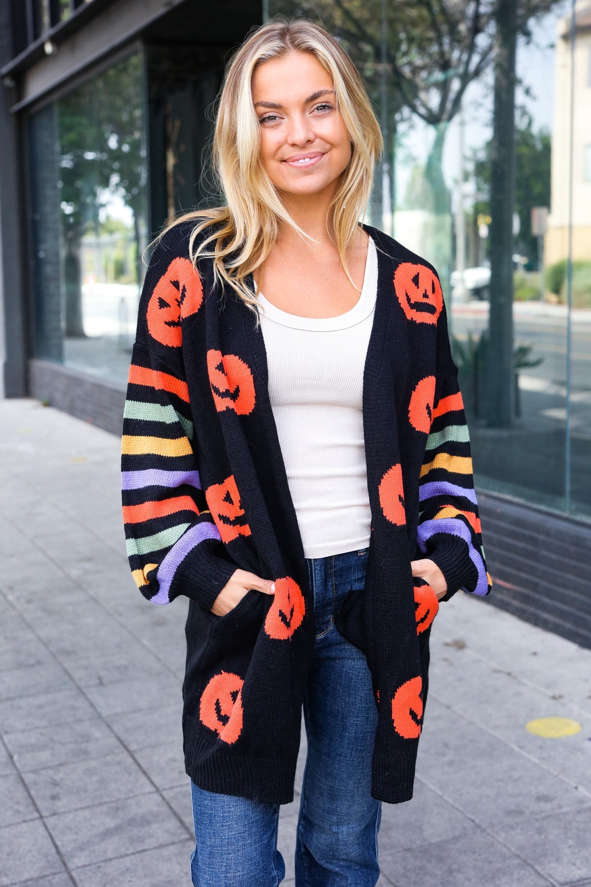 Maxct &Pumpkin Multicolor Stripe Jacquard Knit Open Cardigan