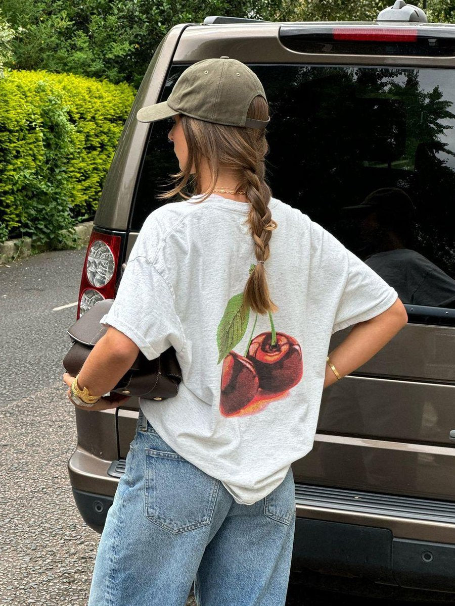 Maxct American Style Retro Fruit Cherry Print Pure Cotton Short-sleeved T-shirt Summer Women's National Fashion Oversize Hot Girl Top Fashion